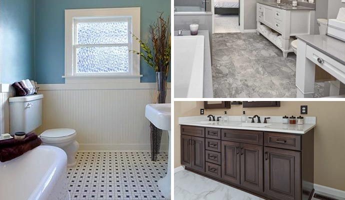 Collage  of remodeled bathroom with tub, tile flooring, and double sink vanity