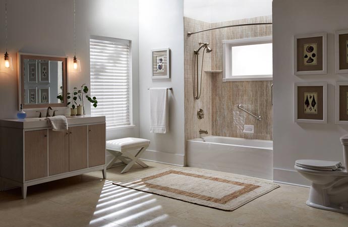 Premium bathroom includes shower, bathtub, basin and cabinets