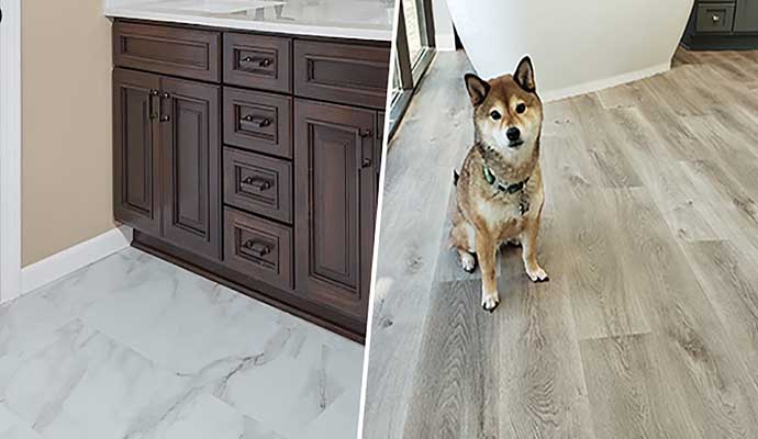Collage of ceramic tile and wooden floor