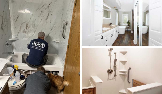 collage of bathroom installation and modern bathrooms