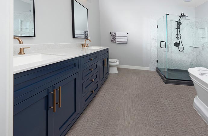 modern bathroom with sink vanities after renovation