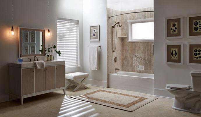 Bathroom with bathtub shower combo vanity sink and toilet