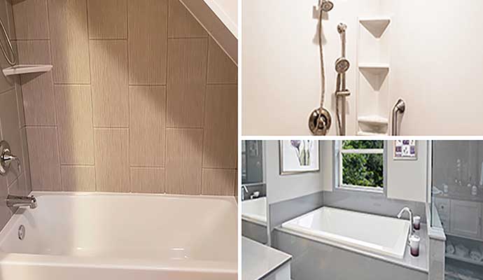 A collage of three modern bathroom interiors featuring bathtubs