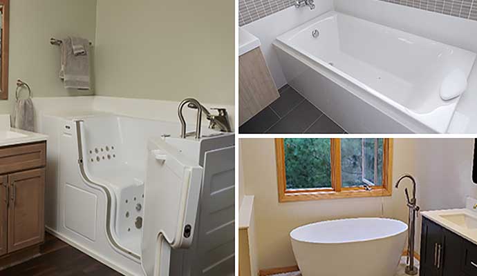 collage of walk-in tubs,bathtub liners, and freestanding tub