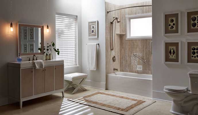 A modern bathroom interior featuring a vanity with a sink