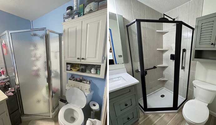 Before and after comparison of a remodeled bathroom