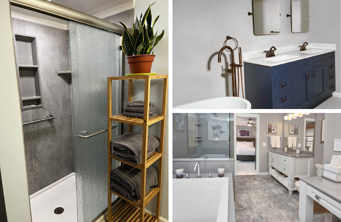 collage of basement, guest and master bathroom