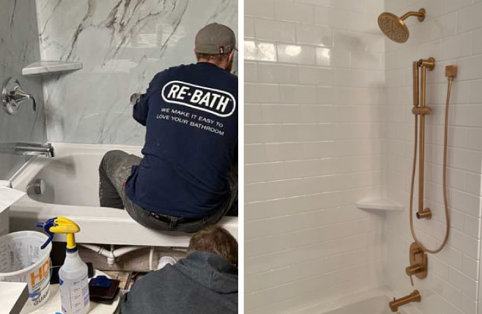 collage of bathtub installation and bathroom shower