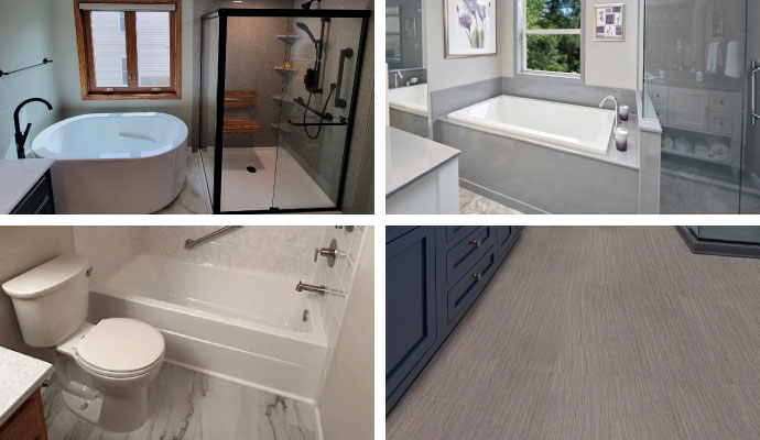 Collage of remodeled bathrooms and installed toilet and flooring