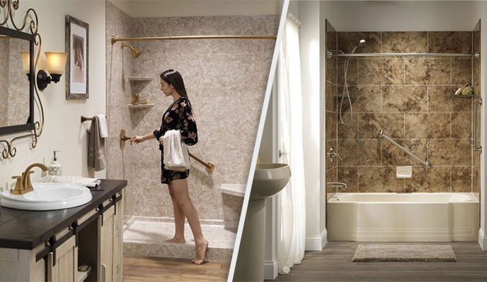 collage of shower and bathtub