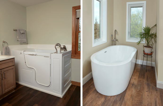 collage of walk in and freestanding tubs