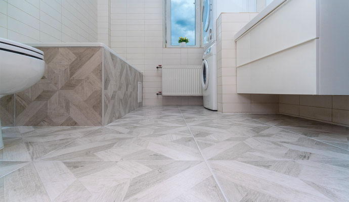 Geometric tile floor in a modern bathroom