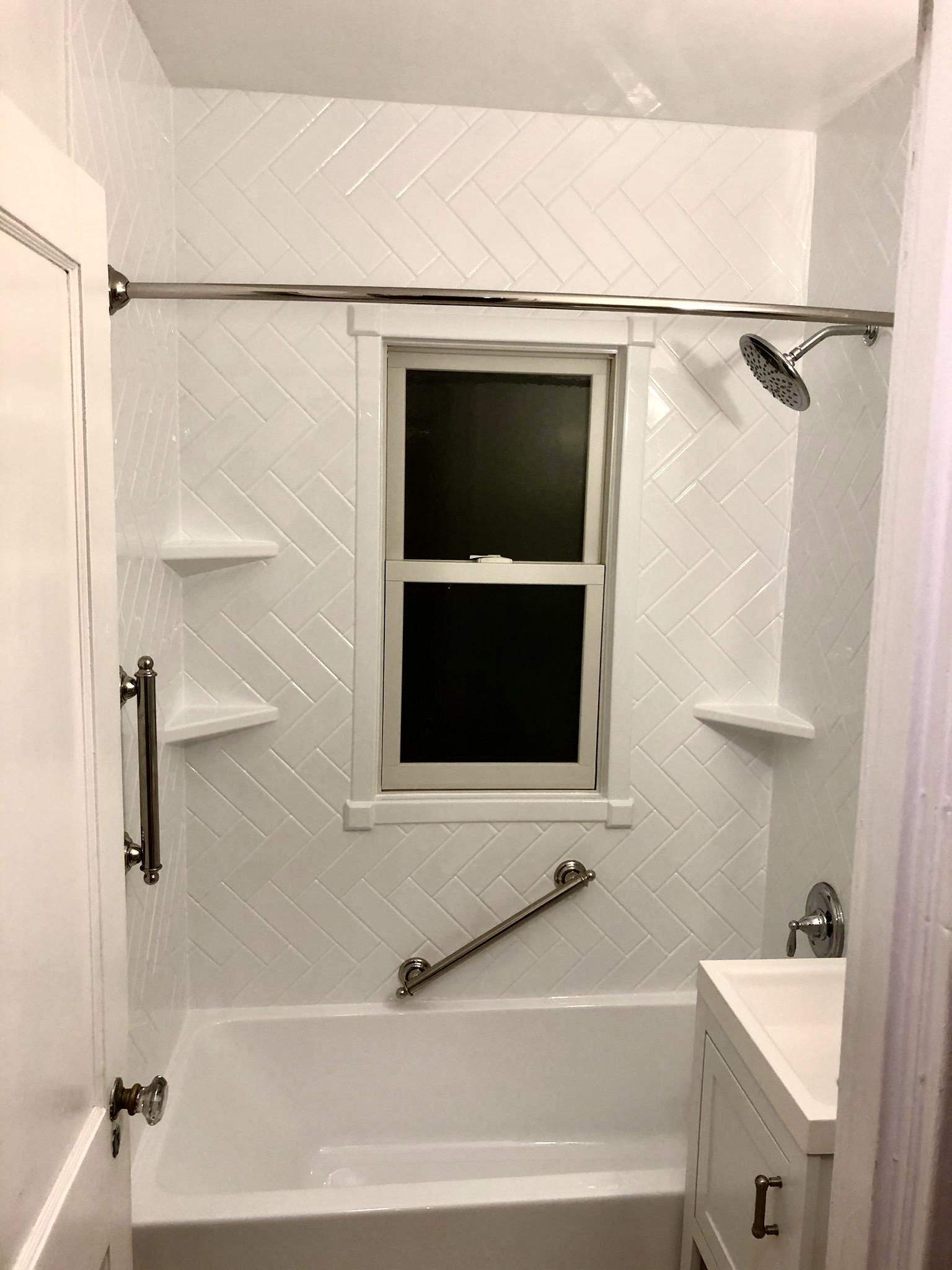 White Herringbone Bathtub Remodel 