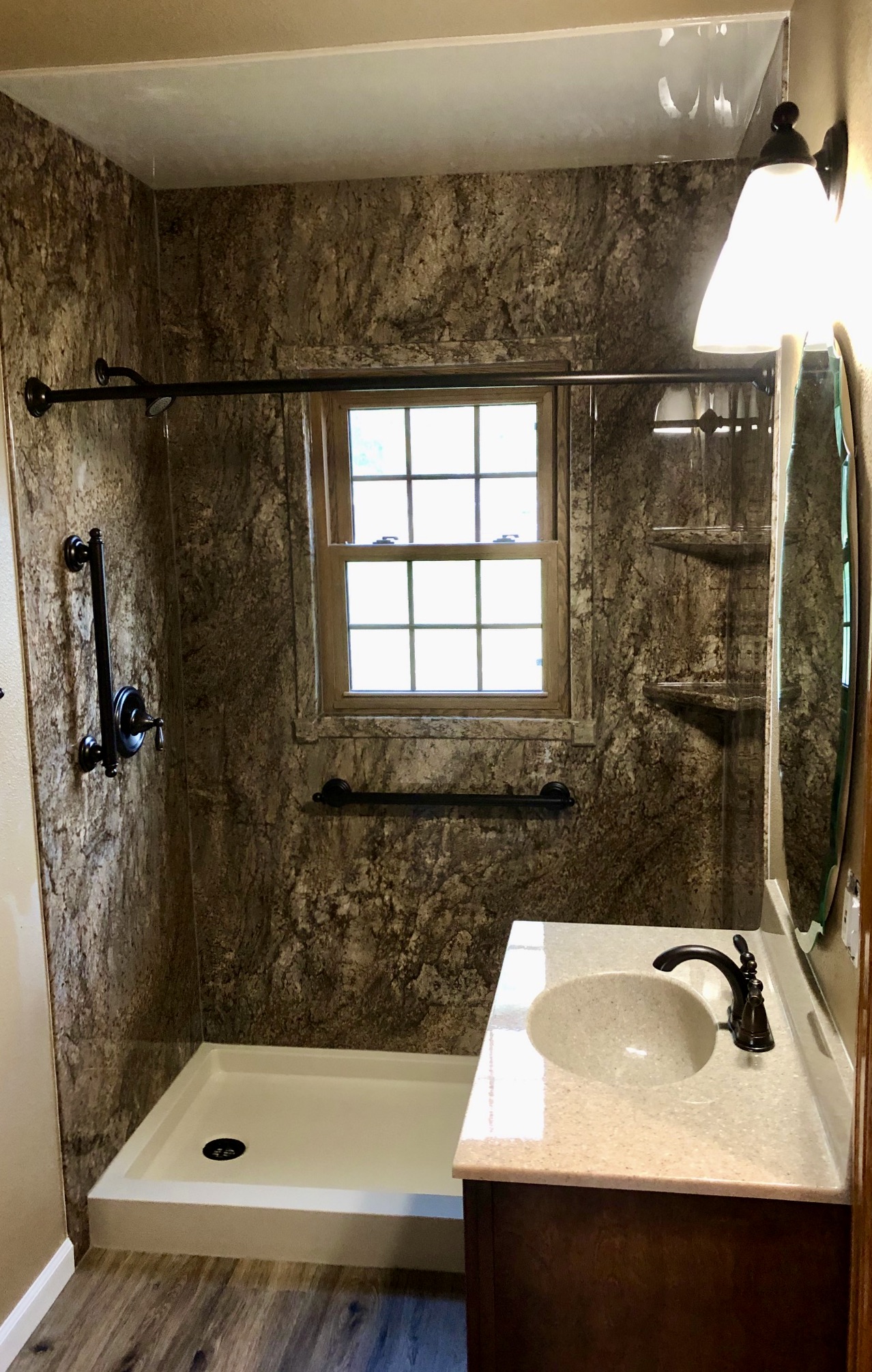 After, Re-Bath Tahoe Granite Walk-in Shower with Oil Rubbed Bronze Fixtures