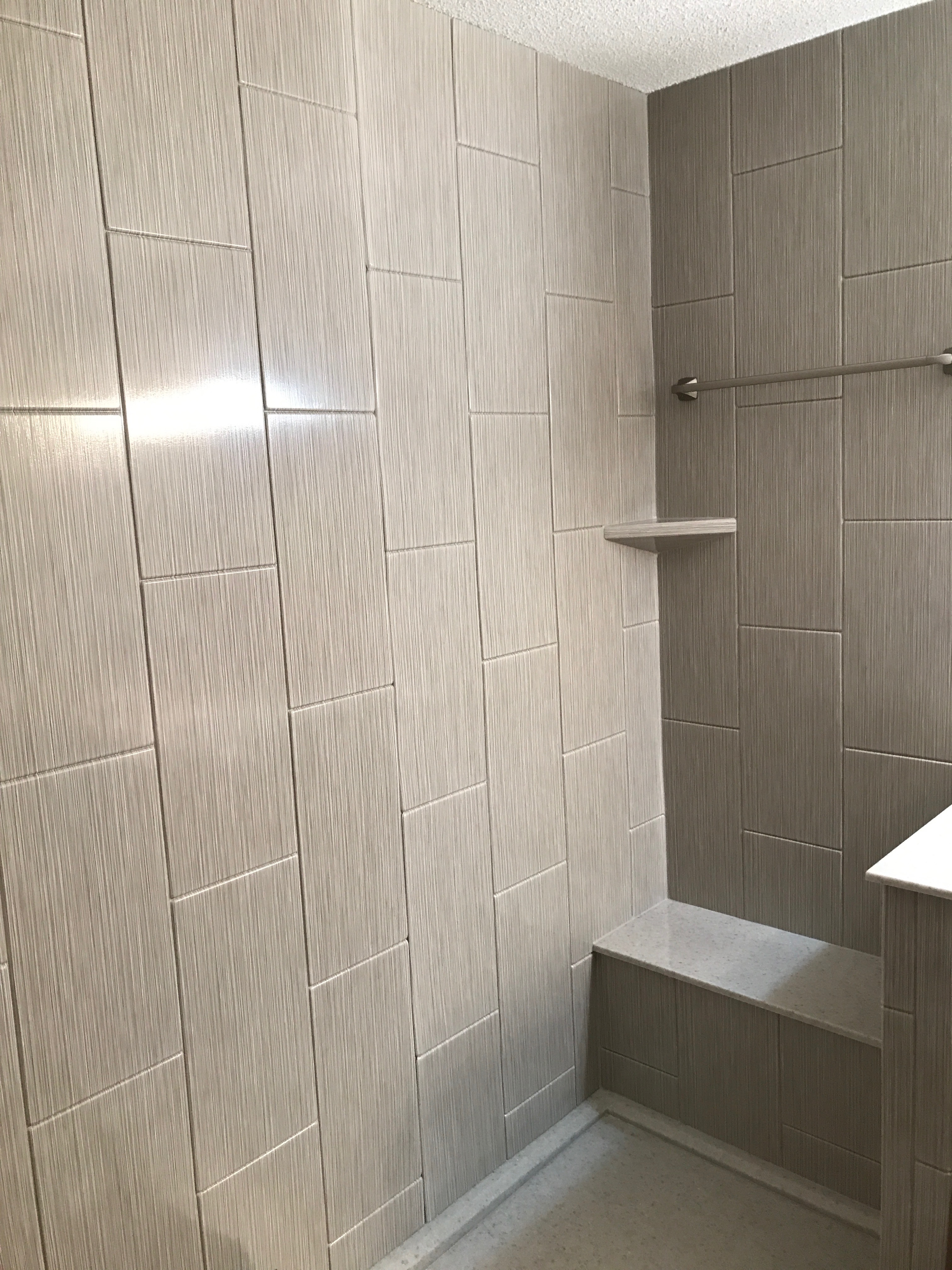 Walk-in Shower, Brushed Linen 10x20 Subway with Brushed Nickel Fixtures
