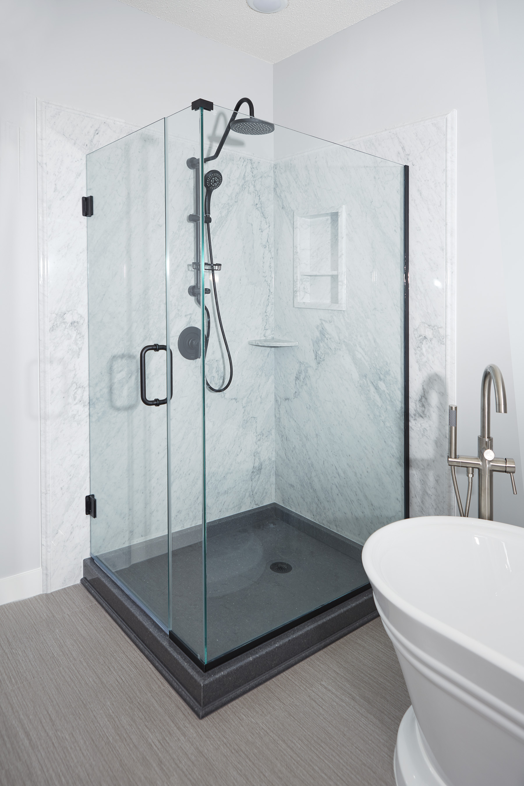 Re-Bath Natural Stone Classic Carrara Walk-in Shower, Freestanding Tub