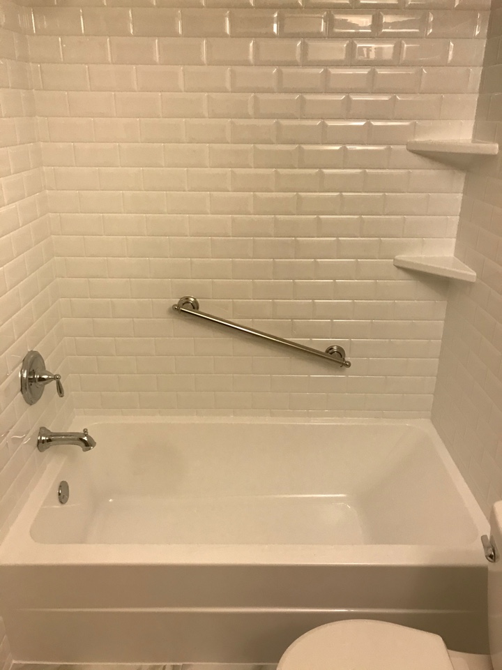 Re-Bath Durabath White Subway Surround, Re-Bath White Tub, Armstrong Gray Mist Flooring