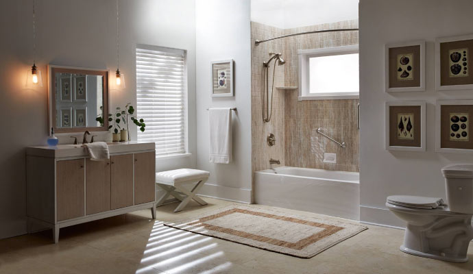 A modern bathroom featuring a vanity with countertop