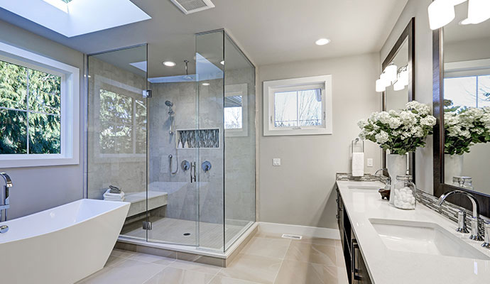 Modern master bathroom remodel walk in shower soaking tub