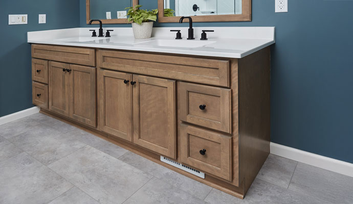 Double sink wooden bathroom vanity with white countertop