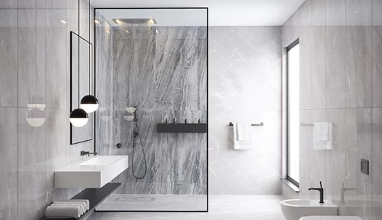 modern bathroom with glass shower and marble walls
