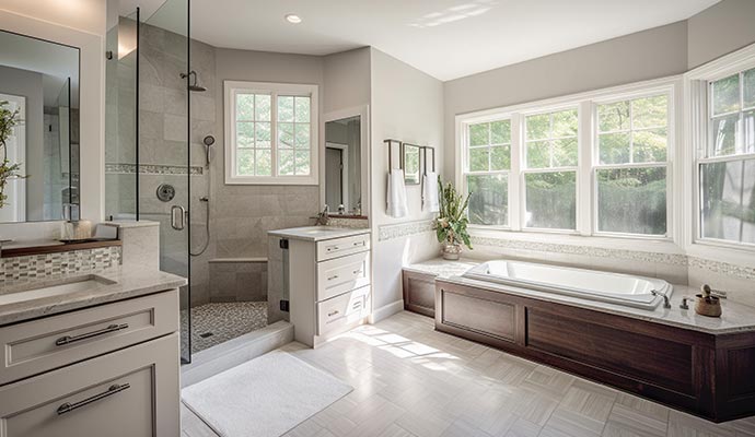 Spacious bathroom with glass walk in shower double vanity and built in soaking tub under large windows